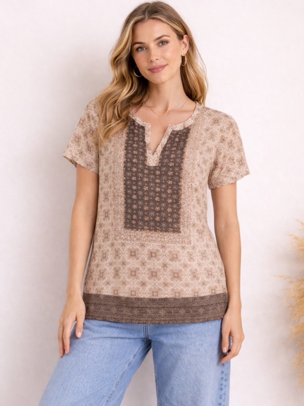 Neutral Tan Printed Short-Sleeve Tunic with Contrast Panel